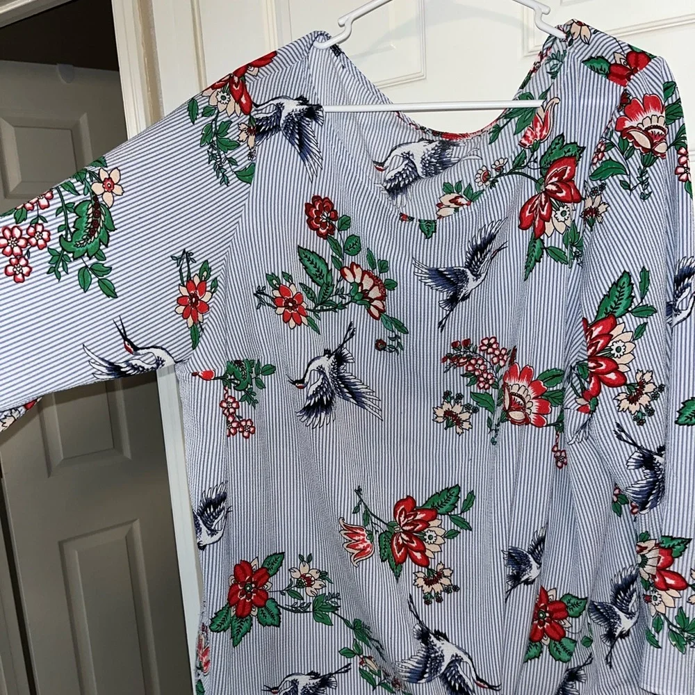 Floral Crane Striped Blouse Sz 2X - Picture 4 of 8